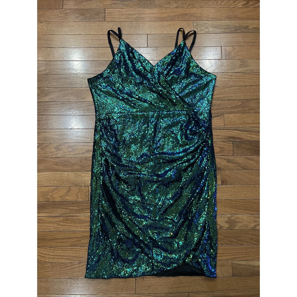 Grace Karin Sequin Wrap Dress Women's 2XL Blue Green Sparkle Holiday Party